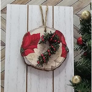 Poinsettias Wreath Candy Cane Red Wooden Disk Holly Ornament/Gift Tag, 3 inch